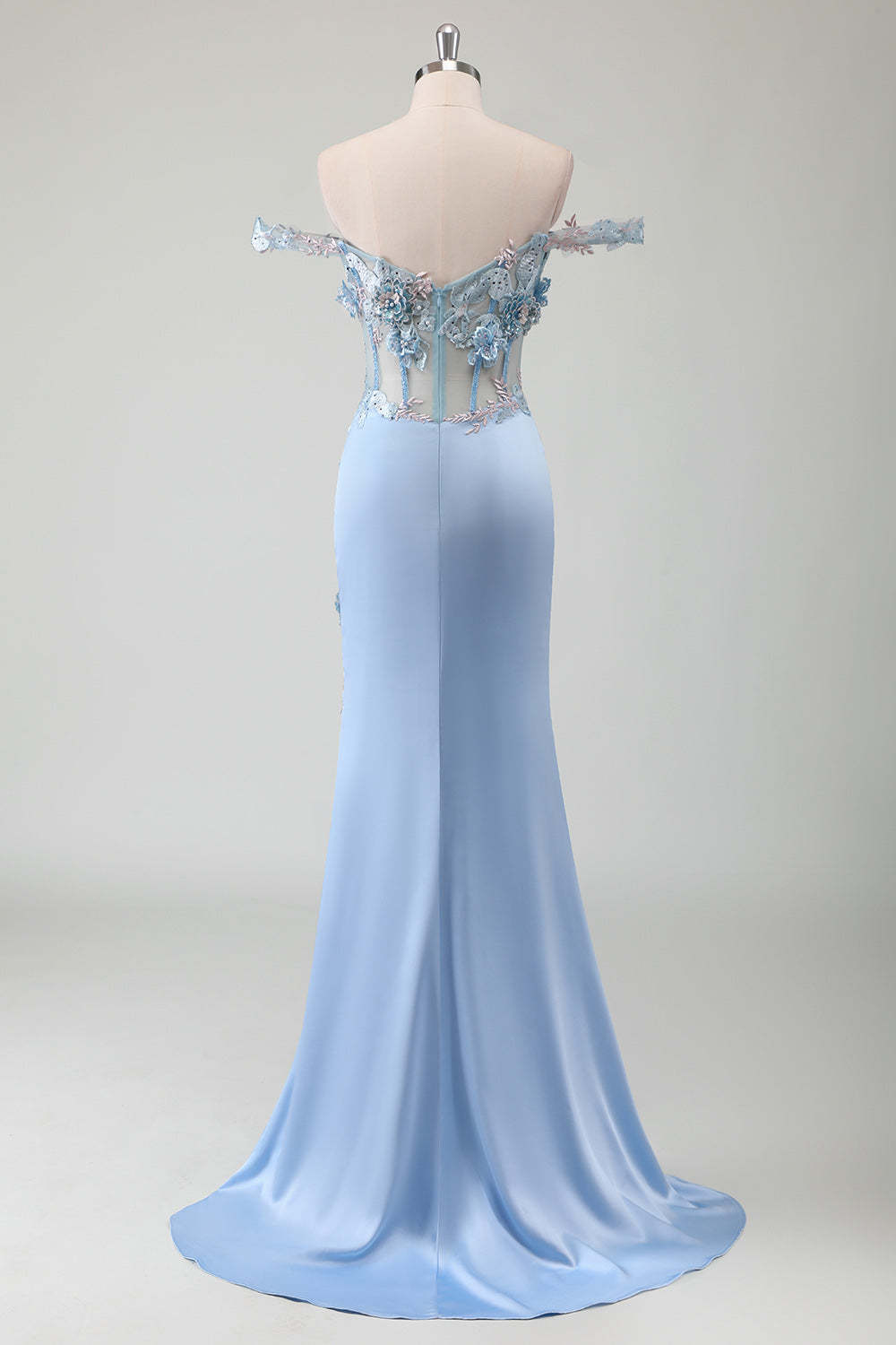 Sky Blue Mermaid Corset Applique Satin Prom Dress with Slit