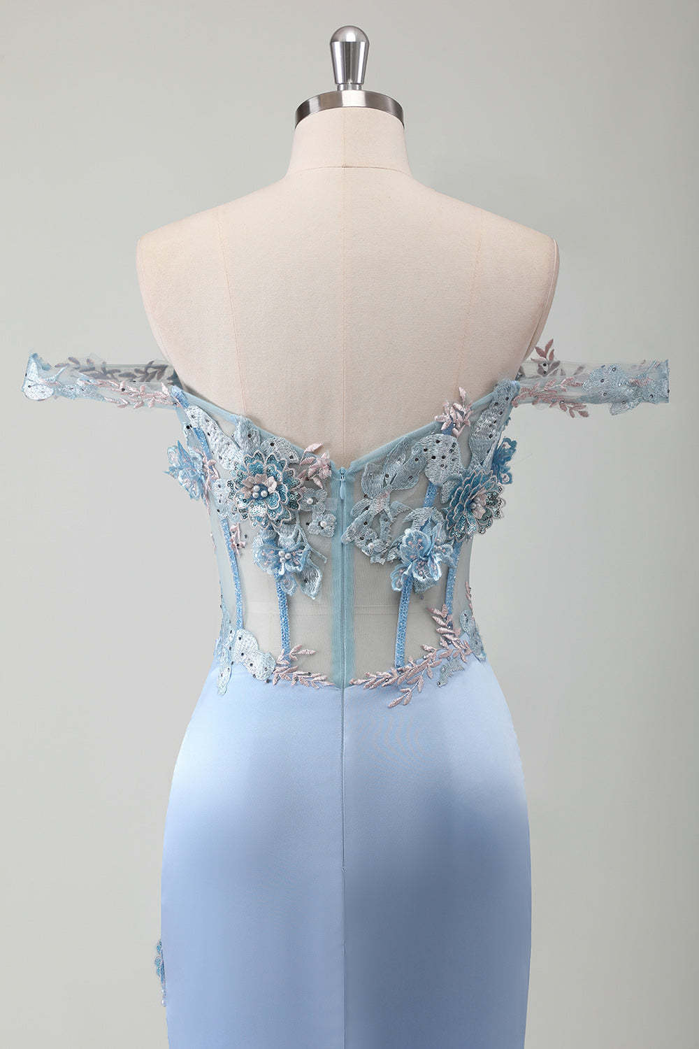 Sky Blue Off the Shoulder Applique Satin Prom Dress with Slit
