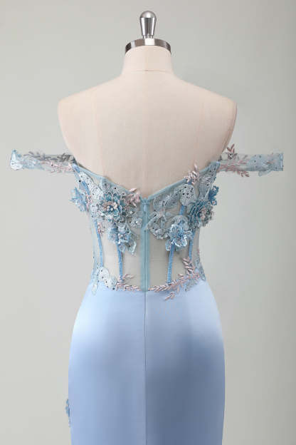 Sky Blue Off the Shoulder Applique Satin Prom Dress with Slit
