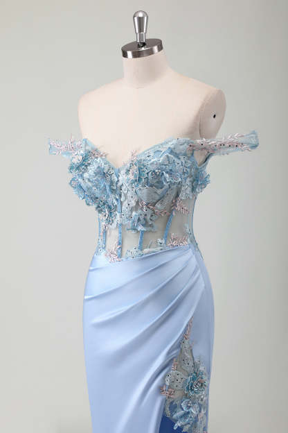 Sky Blue Off the Shoulder Applique Satin Prom Dress with Slit