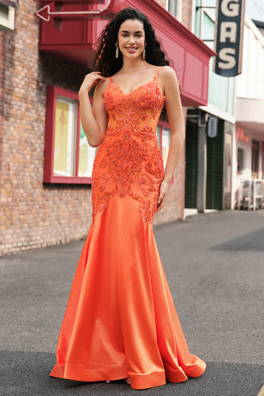 Orange Mermaid Spaghetti Straps Beaded Long Prom Dress