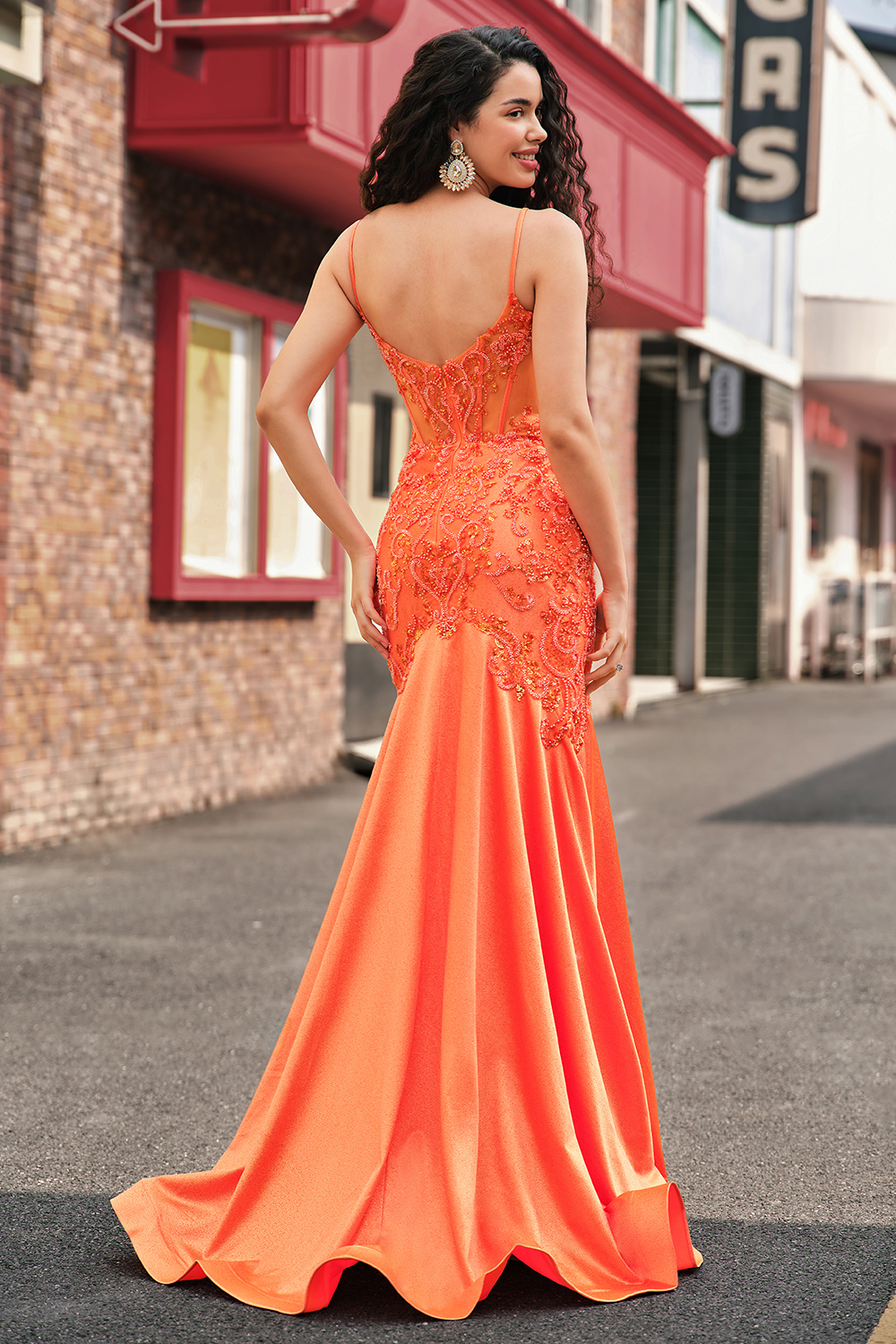 Orange Mermaid Spaghetti Straps Beaded Long Prom Dress
