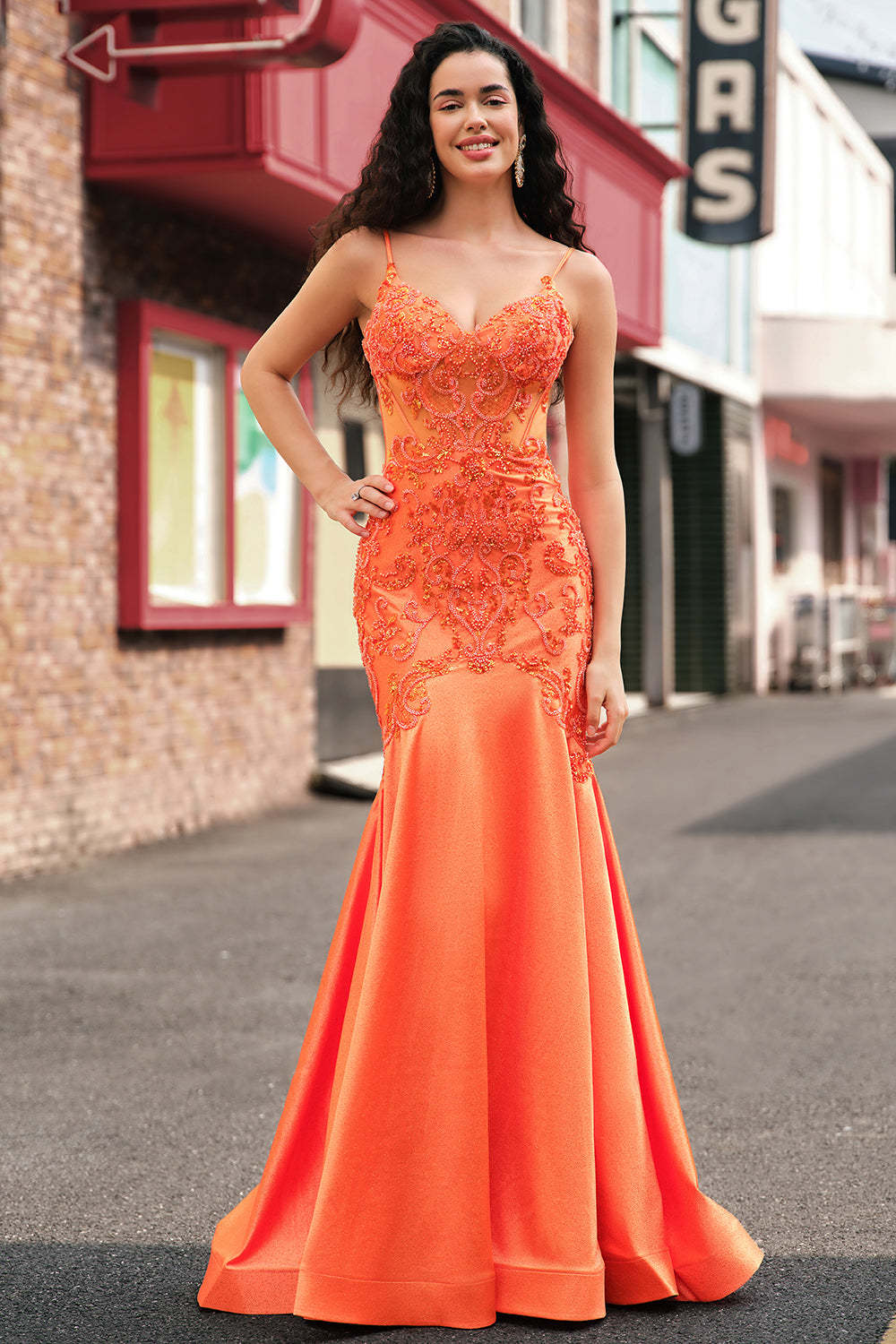 Orange Mermaid Corset Beaded Long Prom Dress