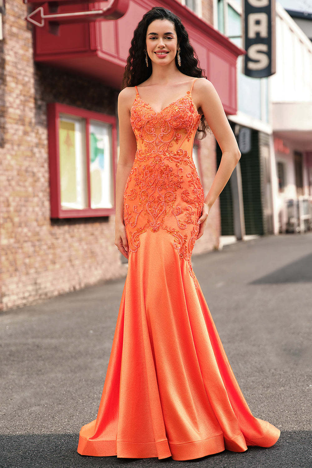 Leely Women Orange Prom Dress Mermaid Spaghetti Straps Beaded Corset Long Evening Dress