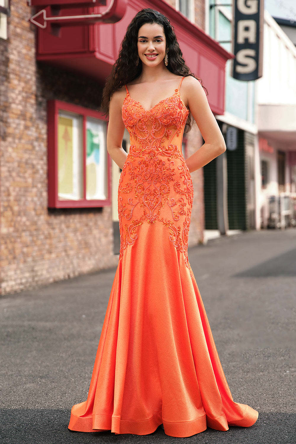 Orange Mermaid Corset Beaded Long Prom Dress