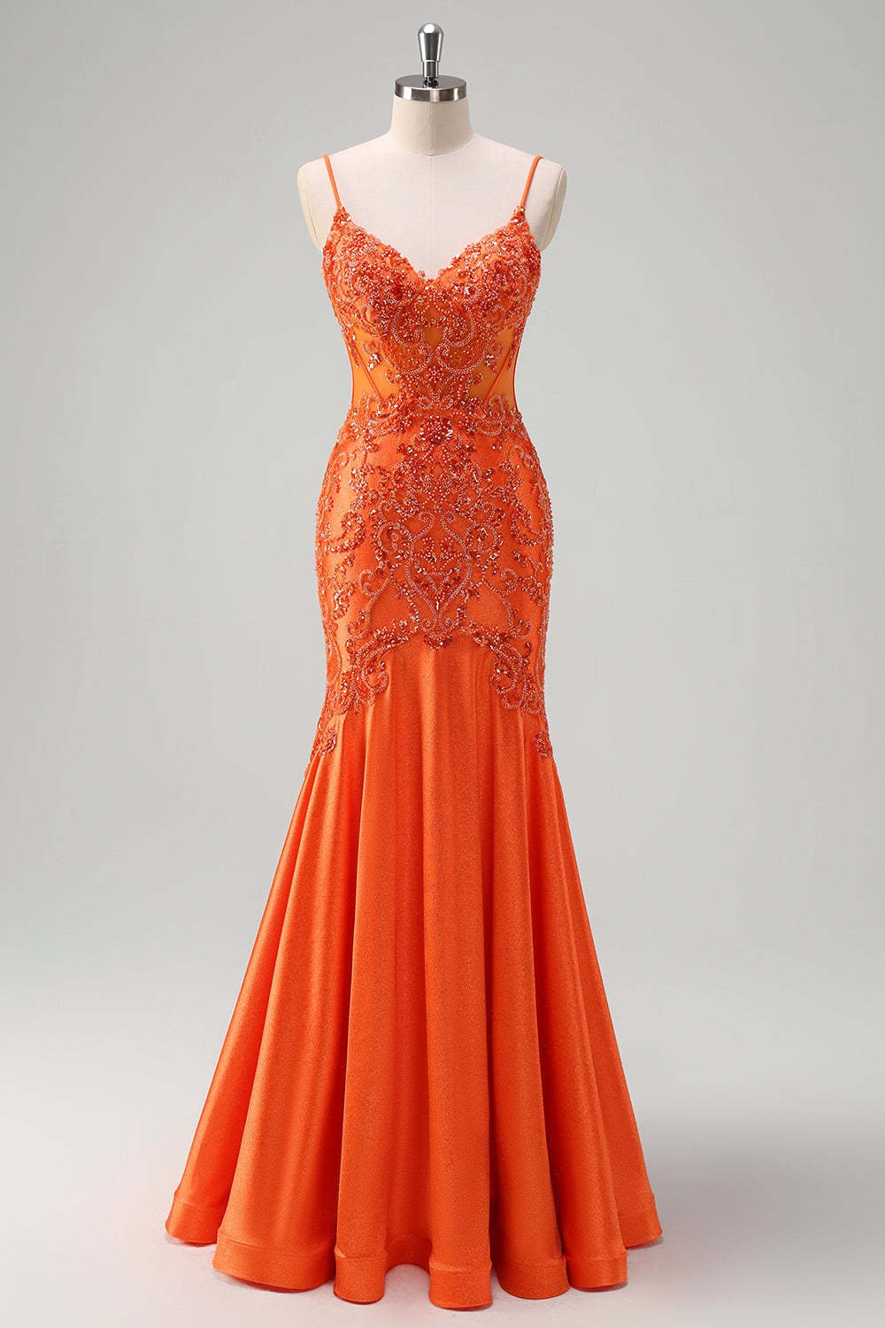 Orange Mermaid Corset Beaded Long Prom Dress