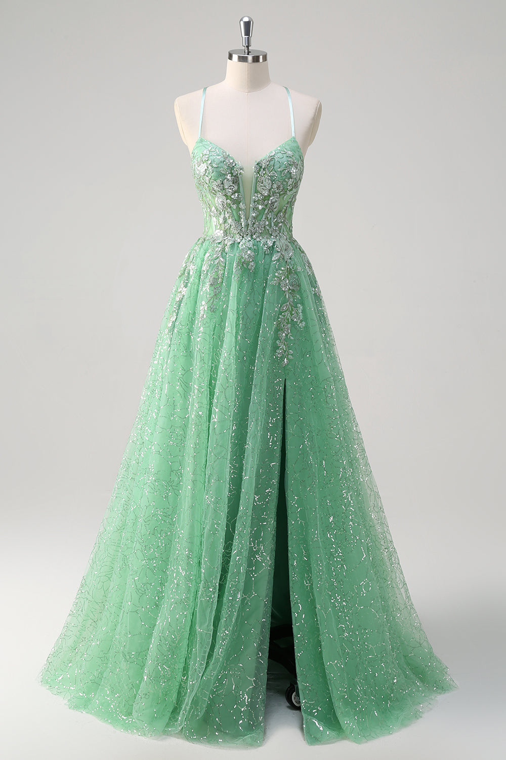 Light Green A Line Corset Sequined Floral Prom Dress with Slit