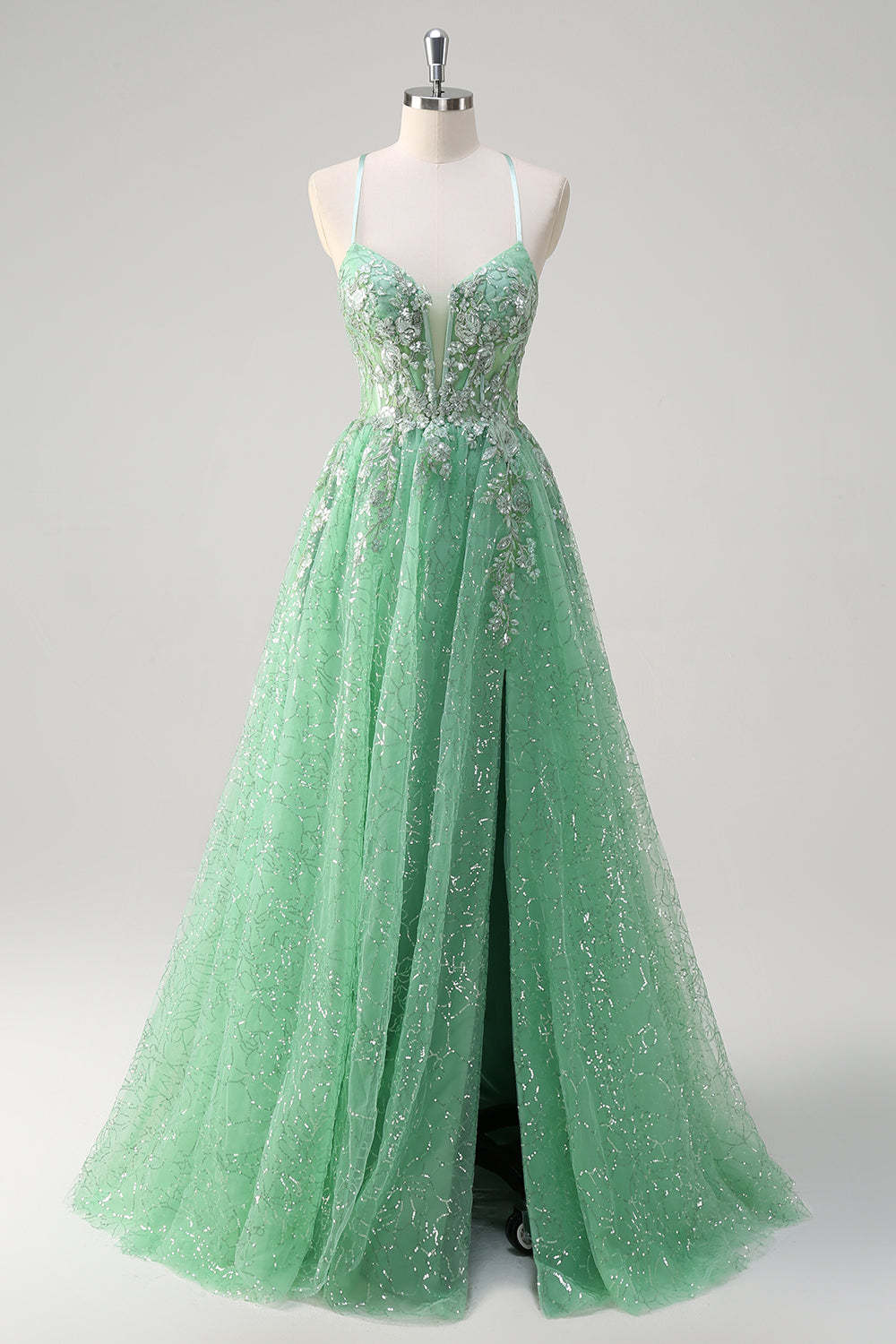 Light Green A Line Corset Sequined Floral Prom Dress with Slit