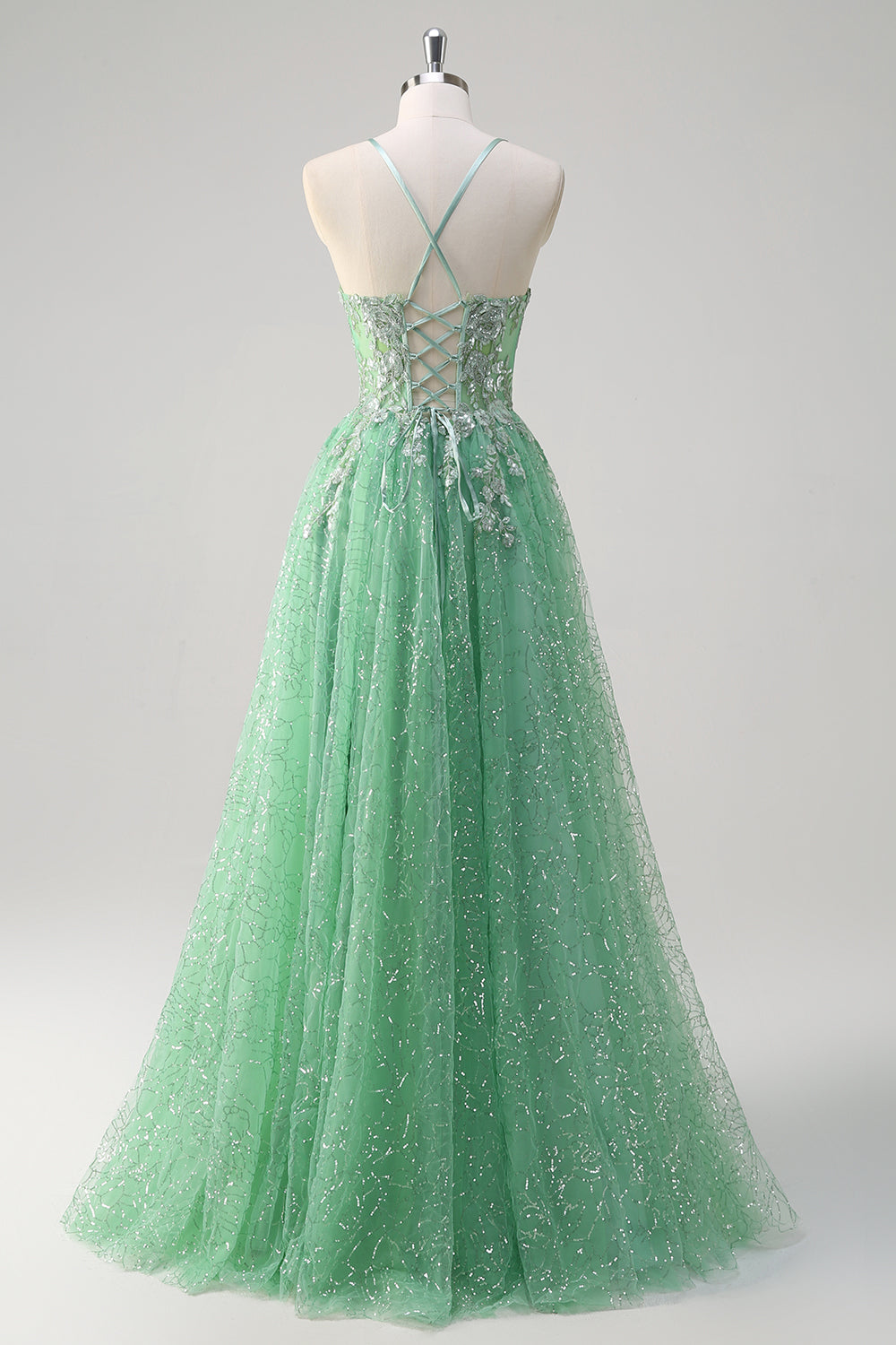 Light Green A Line Corset Sequined Floral Prom Dress with Slit