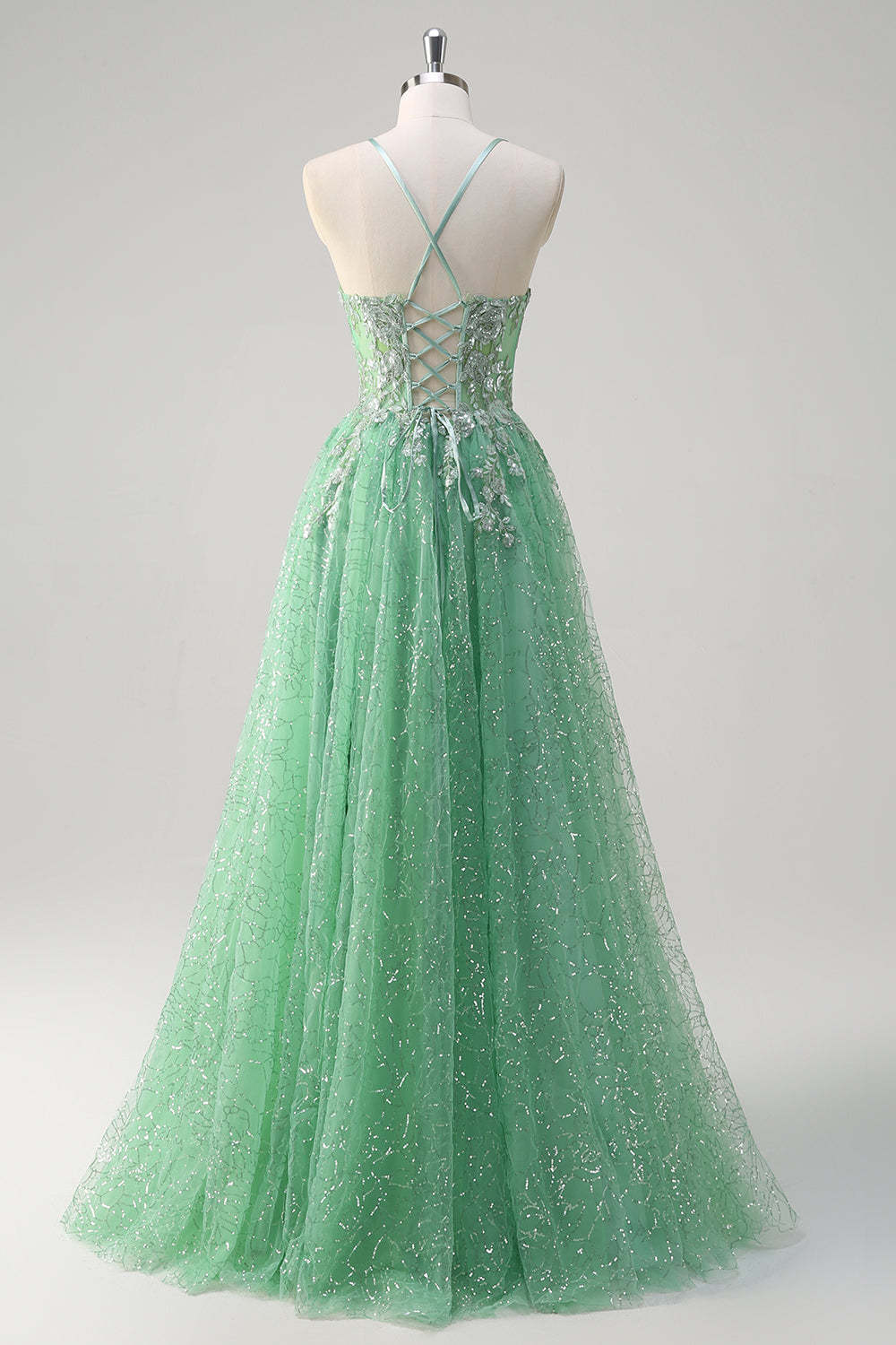 Light Green A Line Corset Sequined Floral Prom Dress with Slit