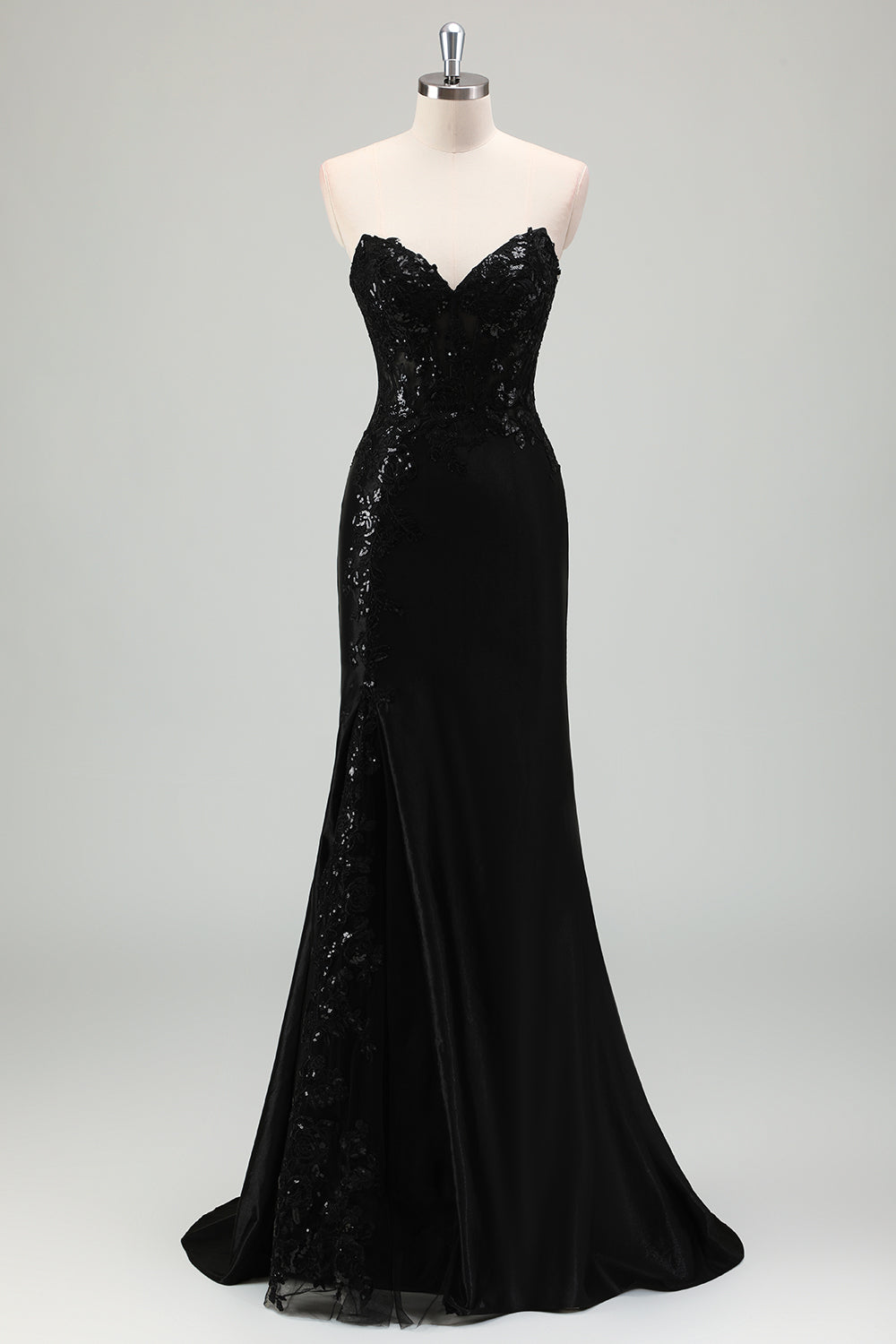 Sparkly Black Mermaid Applique Sweetheart Sweep Train Prom Dress with Slit