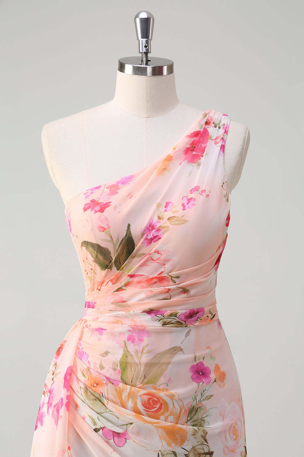 Peach One Shoulder Floral Printed Sheath Prom Dress with Slit