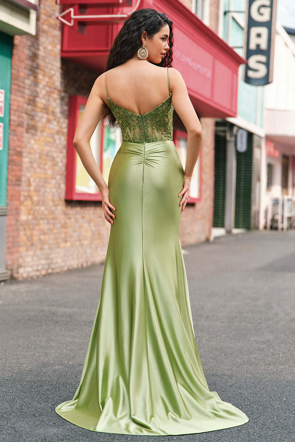Green Applique Corset Mermaid Satin Prom Dress with Slit