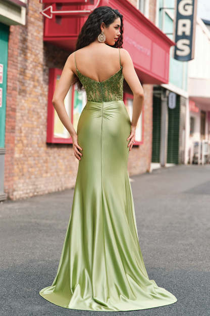 Green Applique Corset Mermaid Satin Prom Dress with Slit