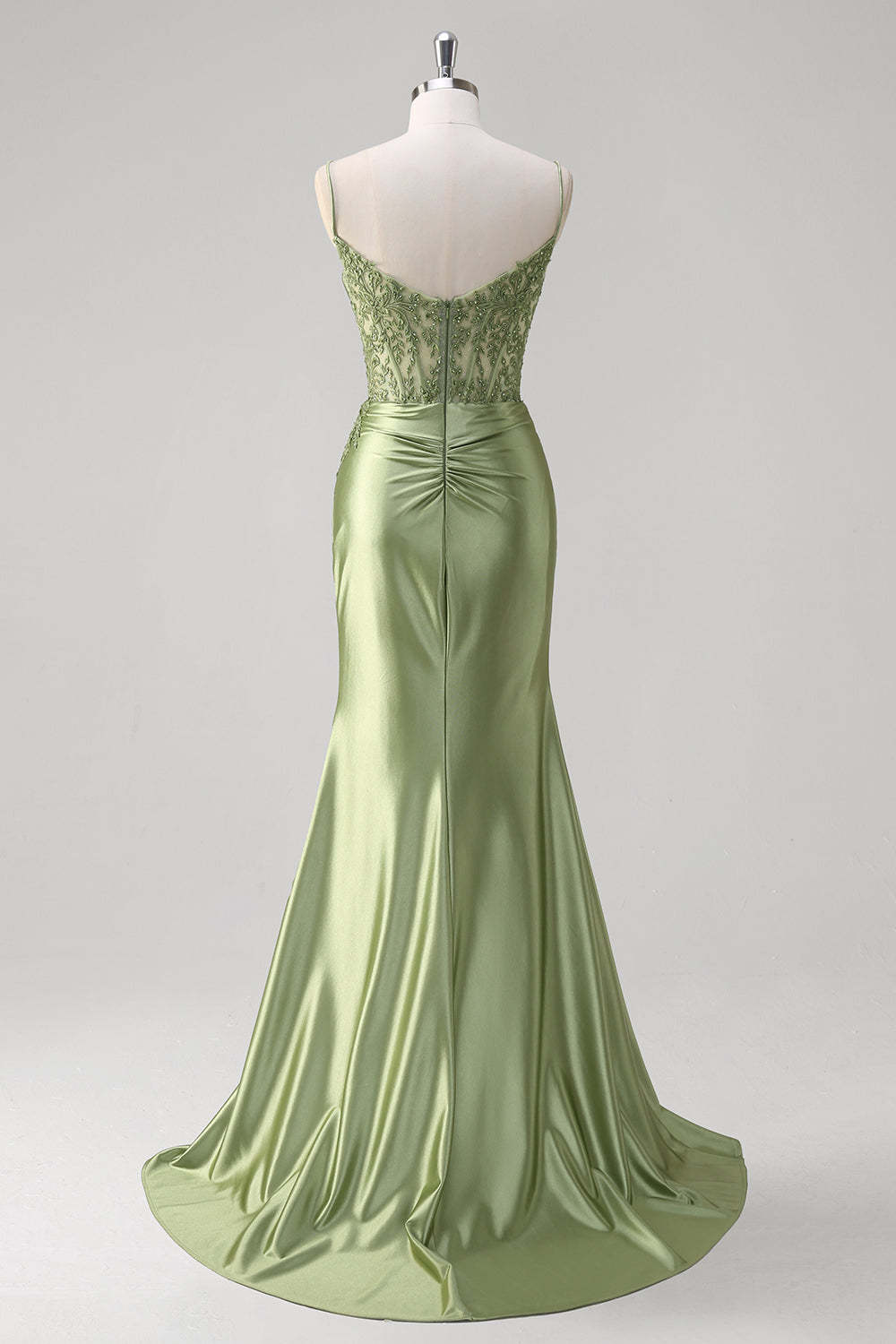 Green Applique Corset Mermaid Satin Prom Dress with Slit