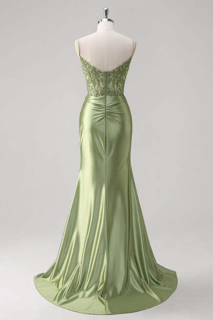 Green Applique Corset Mermaid Satin Prom Dress with Slit