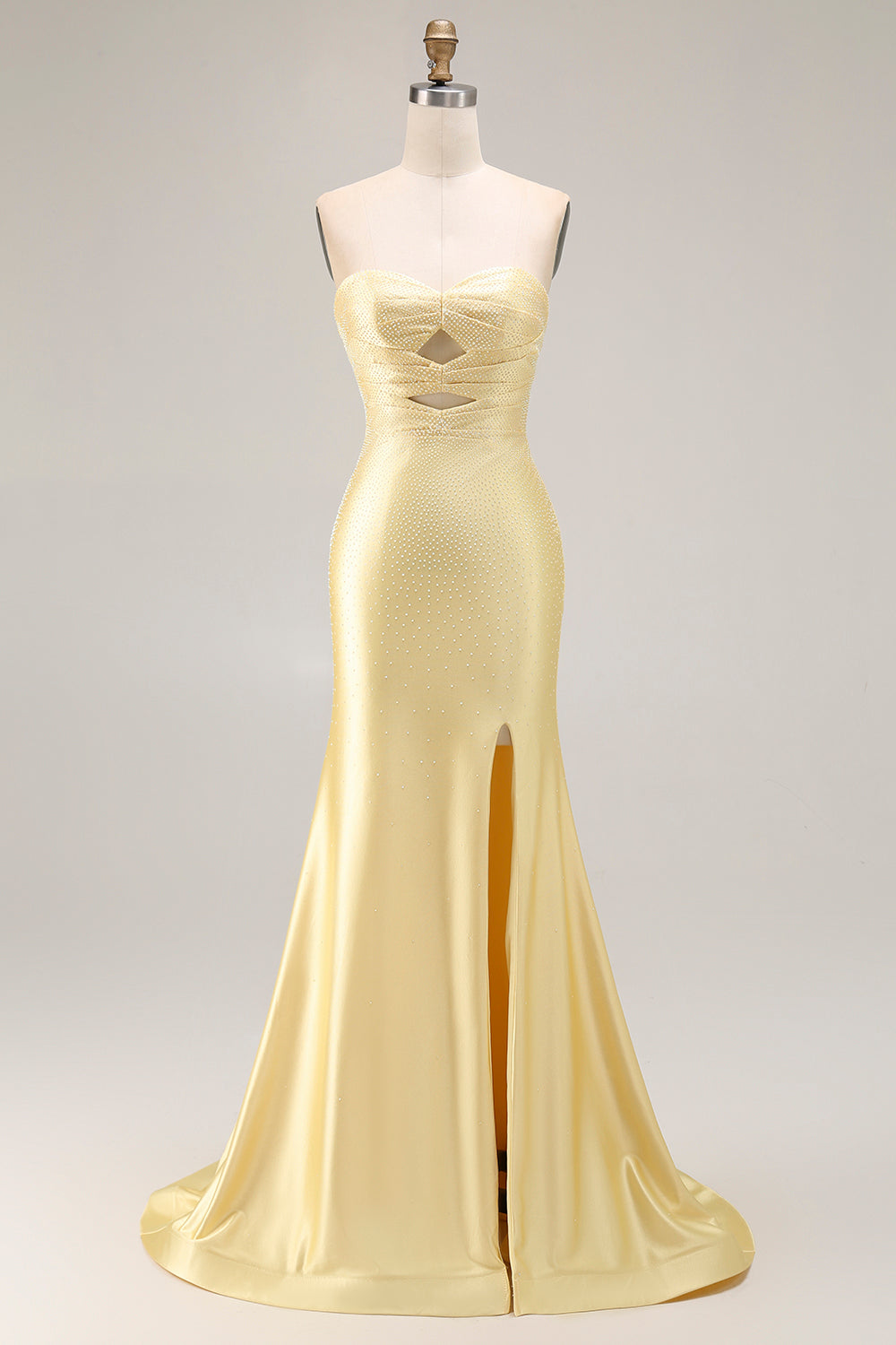 Sparkly Yellow Mermaid Beaded Cut Out Long Prom Dress with Slit