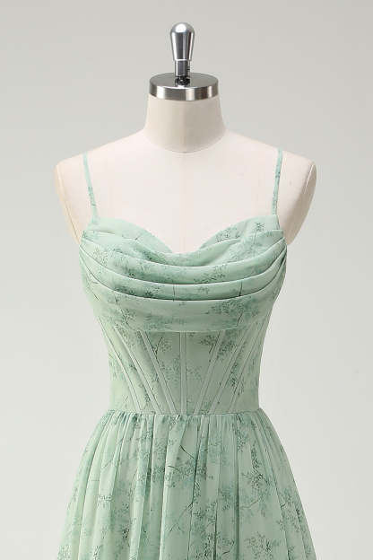 Green Flower Corset A-Line Floral Bridesmaid Dress with Slit