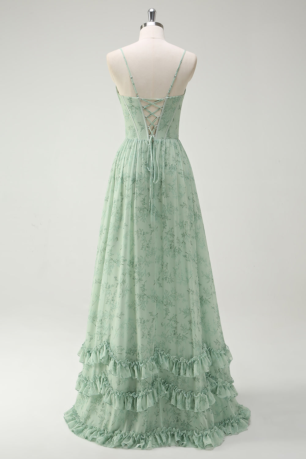 Green Flower Corset A-Line Floral Bridesmaid Dress with Slit