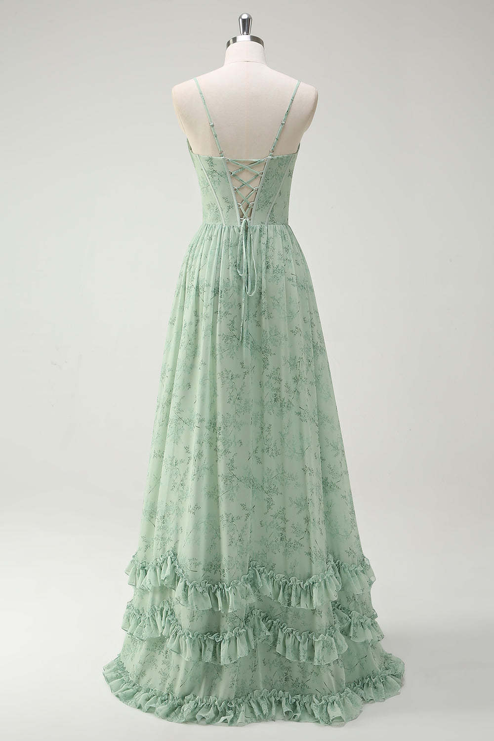 Green Flower Corset A-Line Floral Bridesmaid Dress with Slit