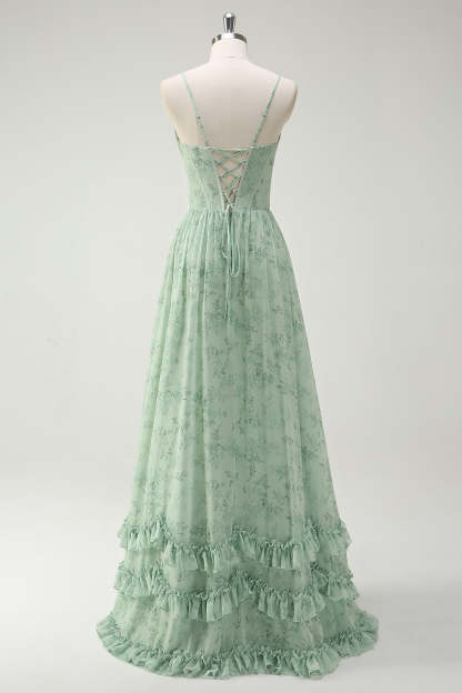 Green Flower Corset A-Line Floral Bridesmaid Dress with Slit