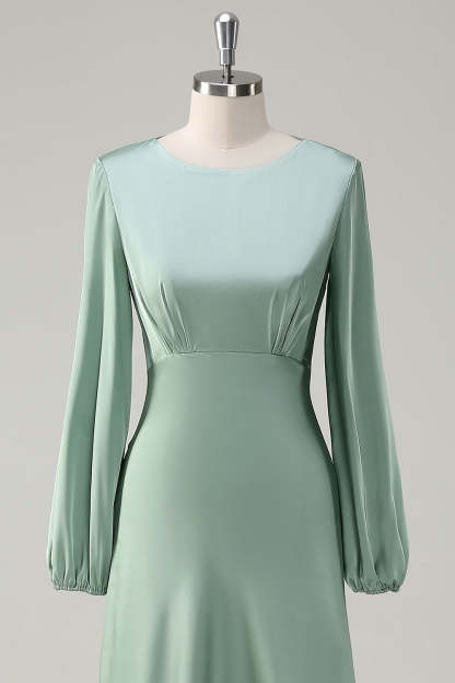 Sage Long Sleeves Satin A-Line Bridesmaid Dress