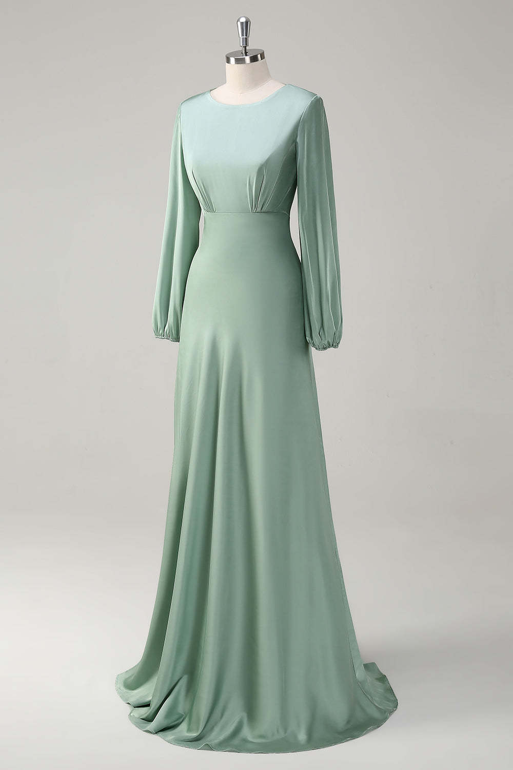 Sage Long Sleeves Satin A-Line Bridesmaid Dress
