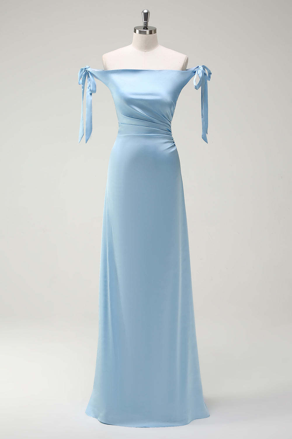 Leely Women Sky Blue A-Line Satin Bridesmaid Dress with Bows Strapless Ruched Long Wedding Guest Dress