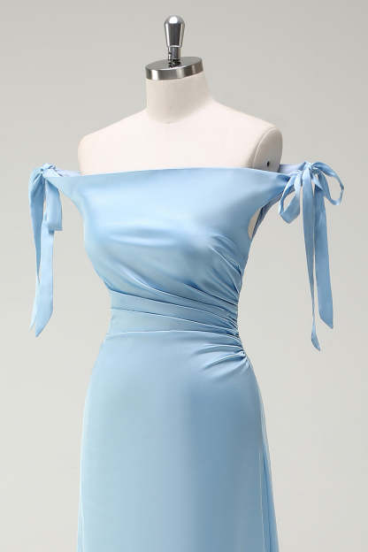 Sky Blue Strapless A-Line Satin Bridesmaid Dress with Bows