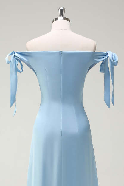 Sky Blue Strapless A-Line Satin Bridesmaid Dress with Bows