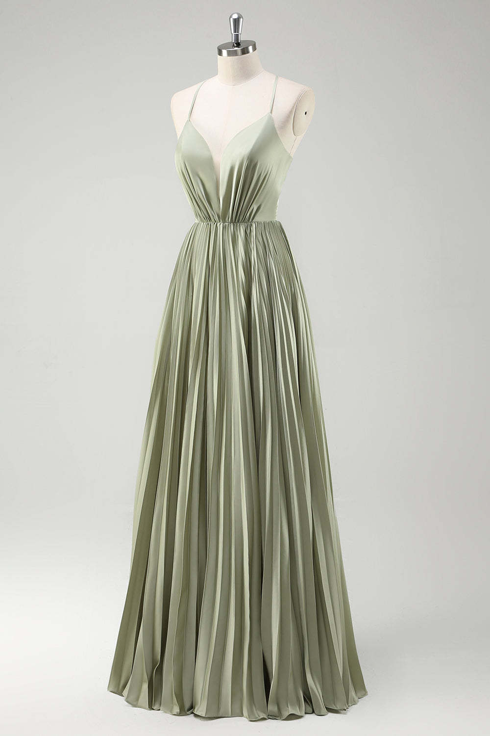 Spaghetti Straps Grey Green A-Line Pleated Satin Bridesmaid Dress