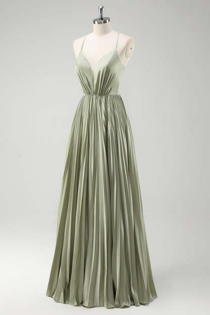 Spaghetti Straps Grey Green A-Line Pleated Satin Bridesmaid Dress