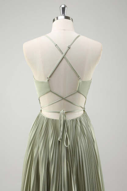 Spaghetti Straps Grey Green A-Line Pleated Satin Bridesmaid Dress