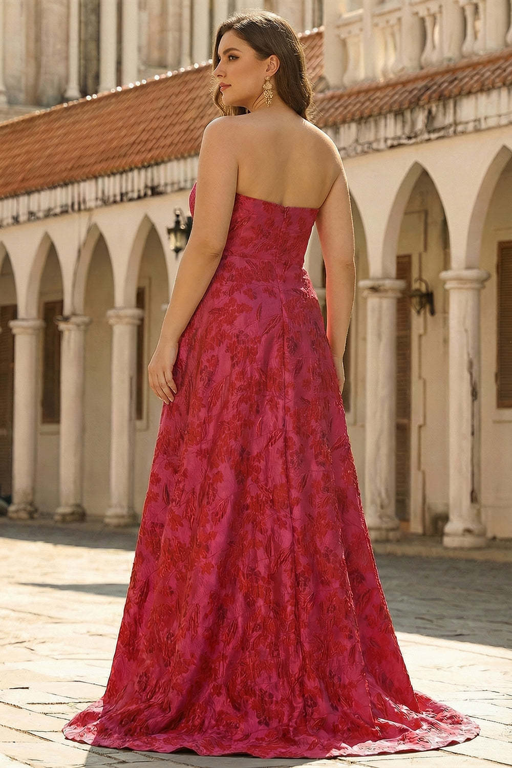 Princess Fuchsia Strapless Plus Size Floral Ball Gown Prom Dress with Slit