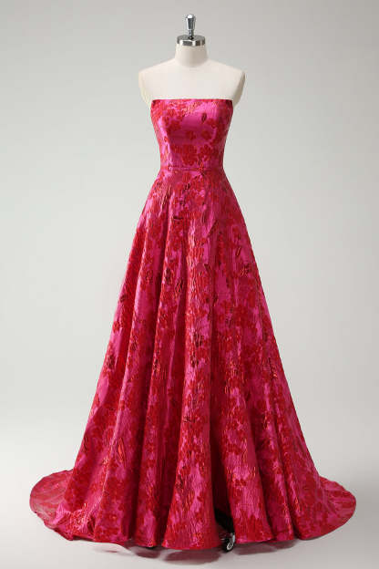 Princess Fuchsia Strapless Plus Size Floral Ball Gown Prom Dress with Slit