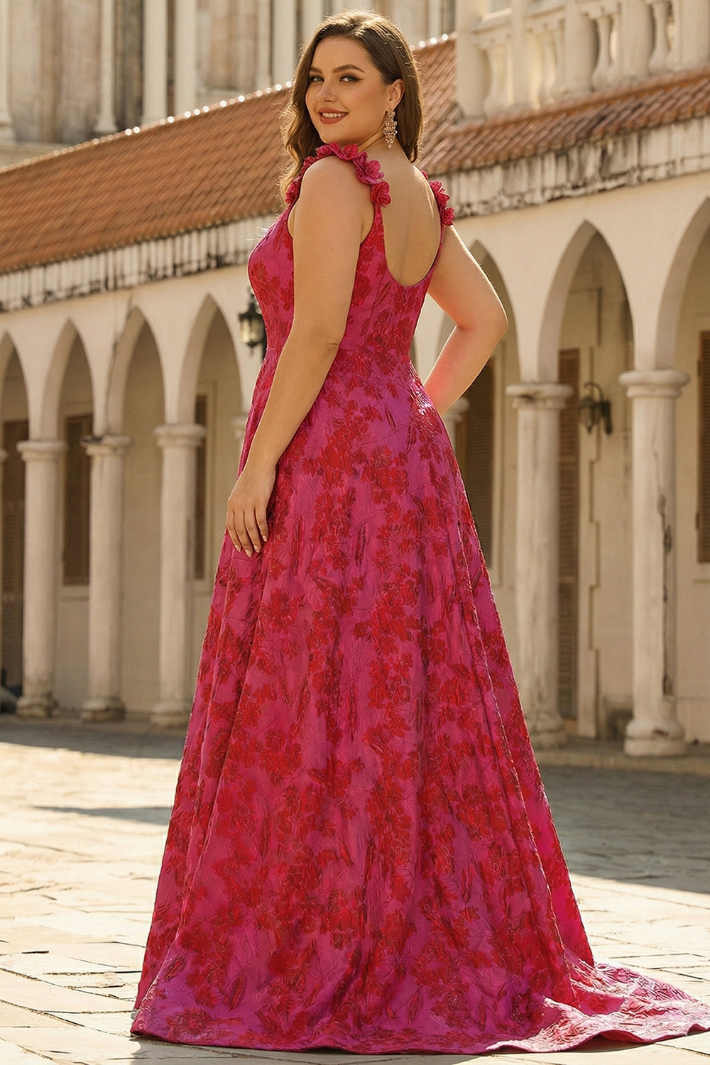 Fuchsia Corset Plus Size Spaghetti Straps Ball Gown Floral Prom Dress with Slit