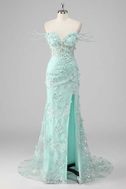 Leely Women Sparkly Green Corset Sheath Prom Dress with Slit Sequined 3D Flower Floor Length Red Carpet Dress