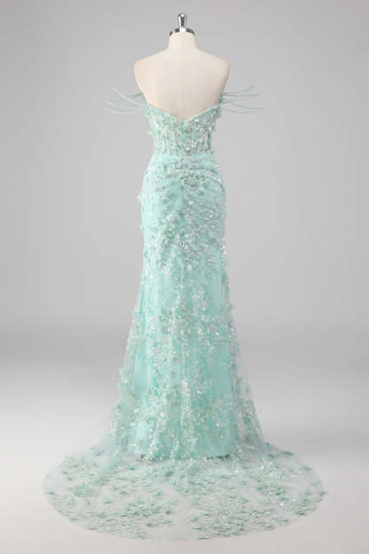 Sparkly Green Corset Sheath Sequined 3D Flower Prom Dress with Slit