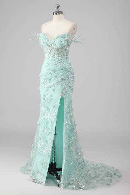 Sparkly Green Corset Sheath Sequined 3D Flower Prom Dress with Slit