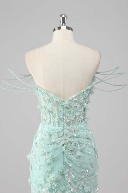 Sparkly Green Corset Sheath Sequined 3D Flower Prom Dress with Slit