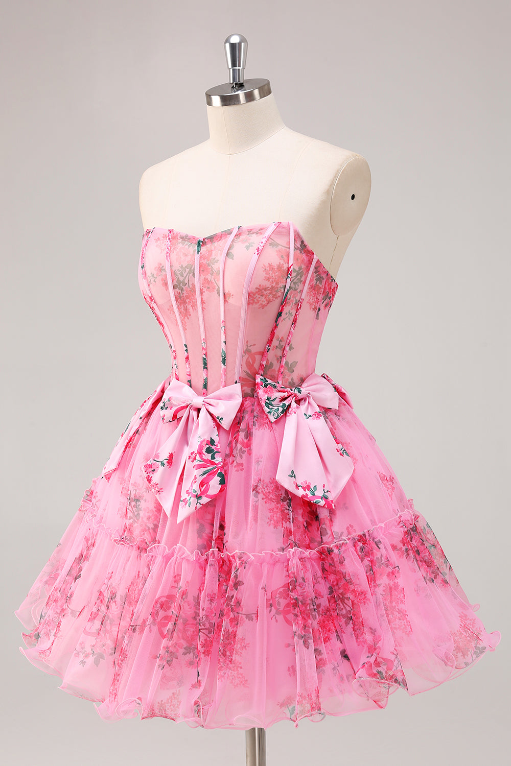 Fuchsia A-Line Floral Print Corset Tulle Homecoming Dress with Bows