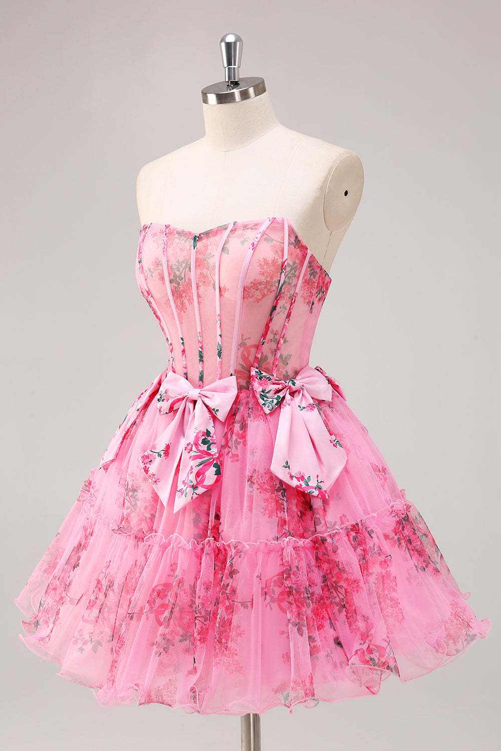 Fuchsia A-Line Floral Print Corset Tulle Homecoming Dress with Bows