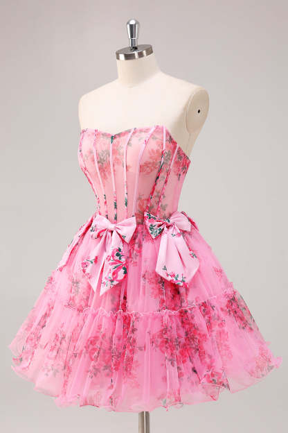 Fuchsia A-Line Floral Print Corset Tulle Homecoming Dress with Bows