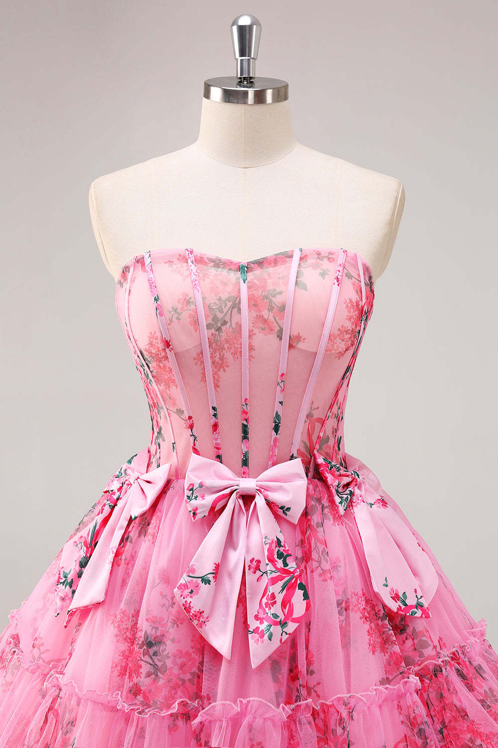 Fuchsia A-Line Floral Print Corset Tulle Homecoming Dress with Bows