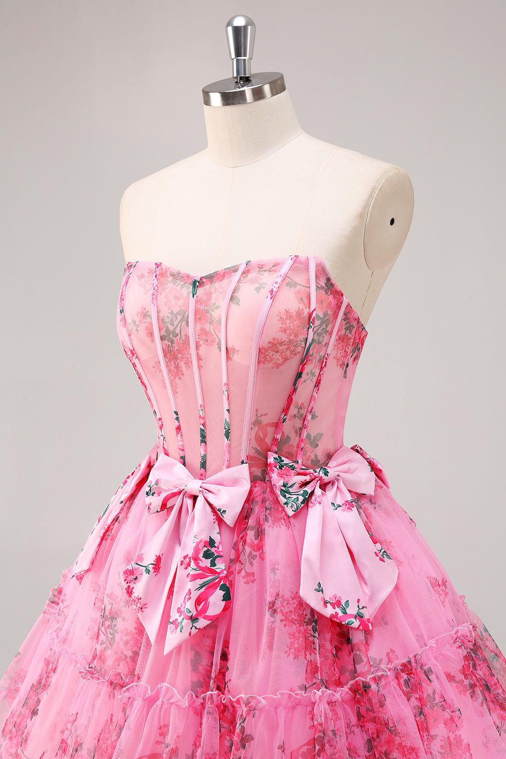 Fuchsia A-Line Floral Print Corset Tulle Homecoming Dress with Bows