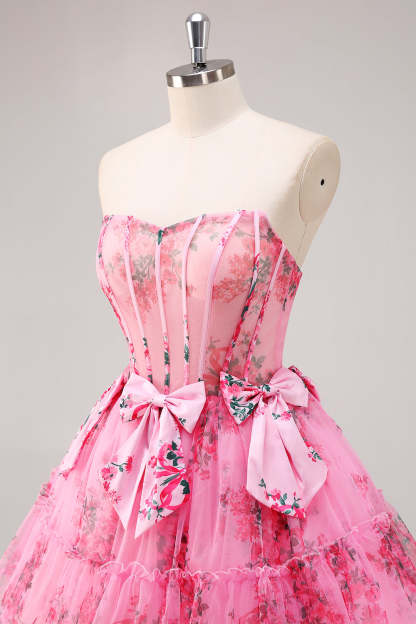 Fuchsia A-Line Floral Print Corset Tulle Homecoming Dress with Bows