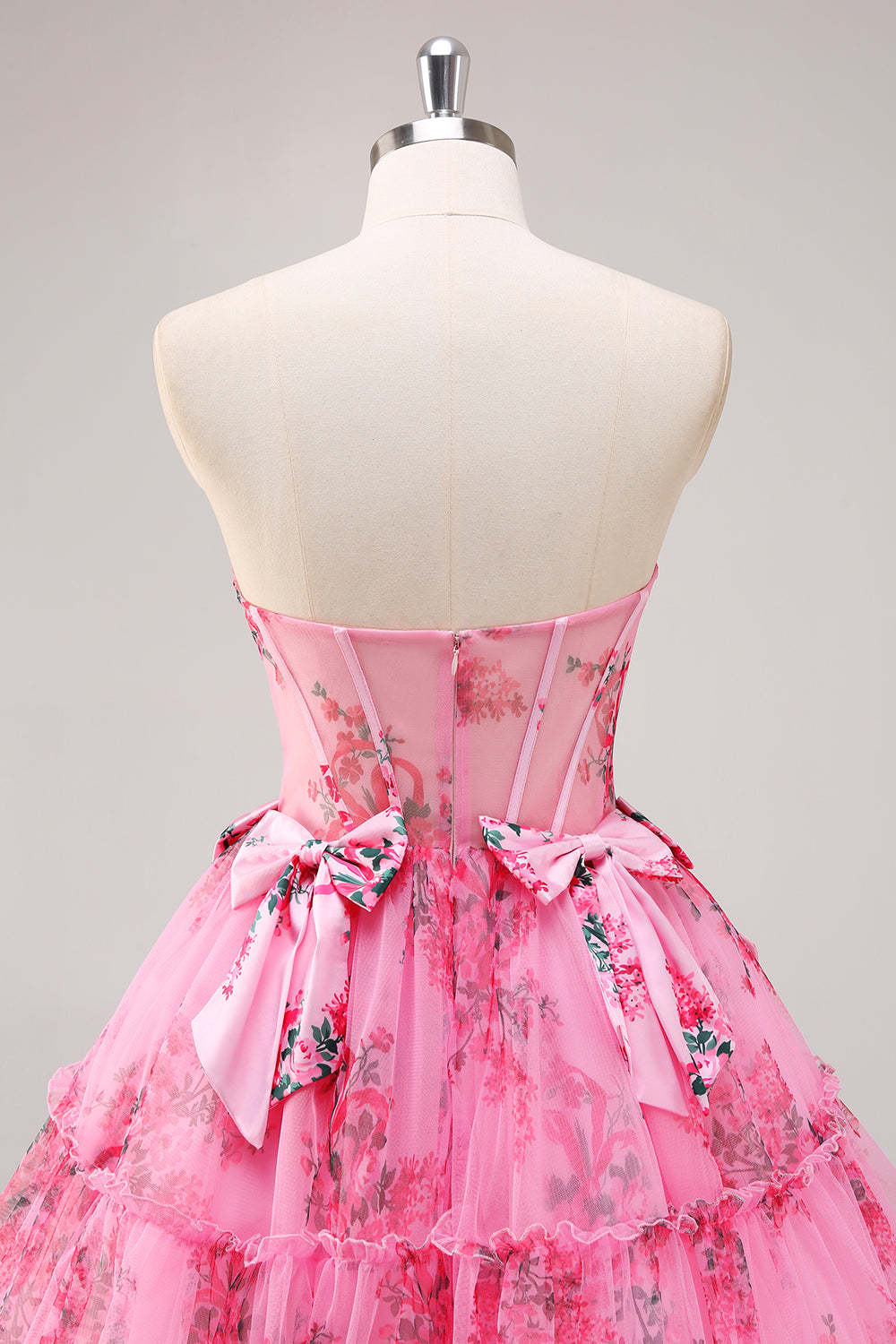 Fuchsia A-Line Floral Print Corset Tulle Homecoming Dress with Bows