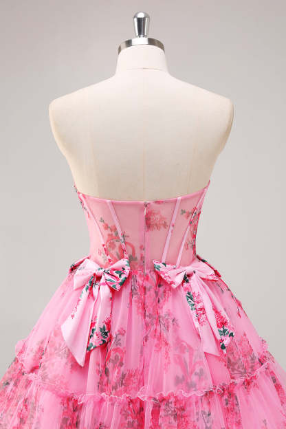 Fuchsia A-Line Floral Print Corset Tulle Homecoming Dress with Bows