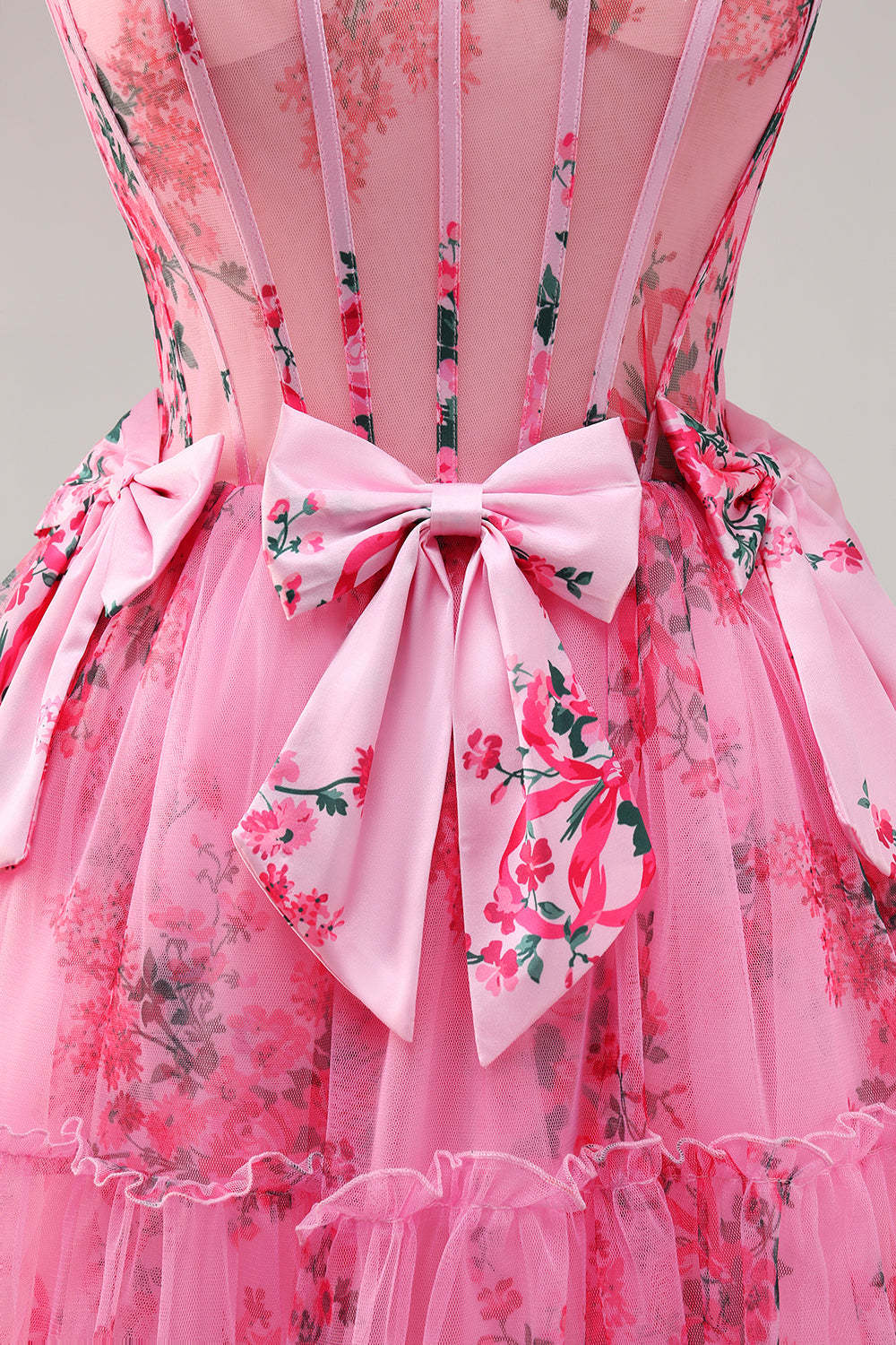 Fuchsia A-Line Floral Print Corset Tulle Homecoming Dress with Bows