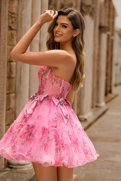 Fuchsia A-Line Floral Print Corset Tulle Homecoming Dress with Bows